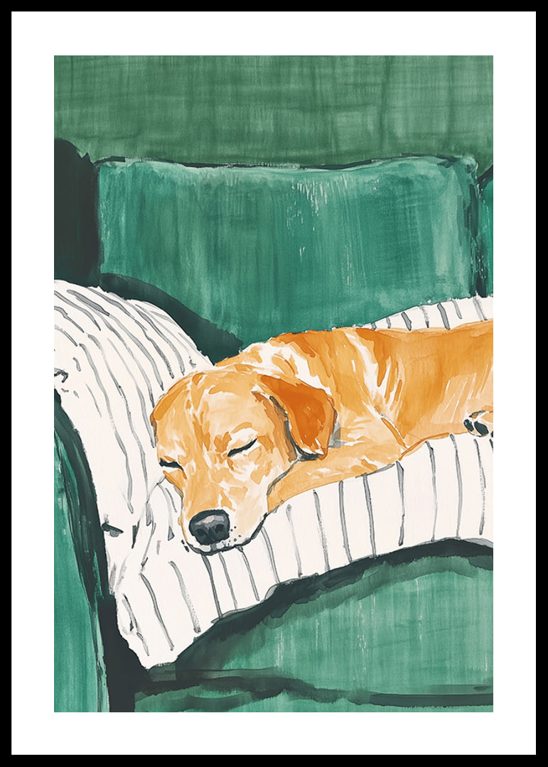 A poster of a sleeping dog on a striped pillow-12