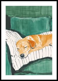 A poster of a sleeping dog on a striped pillow-0
