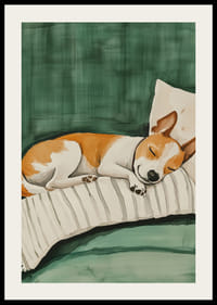 Un afiș cu un câine adormit pe o pernă în dungi-2