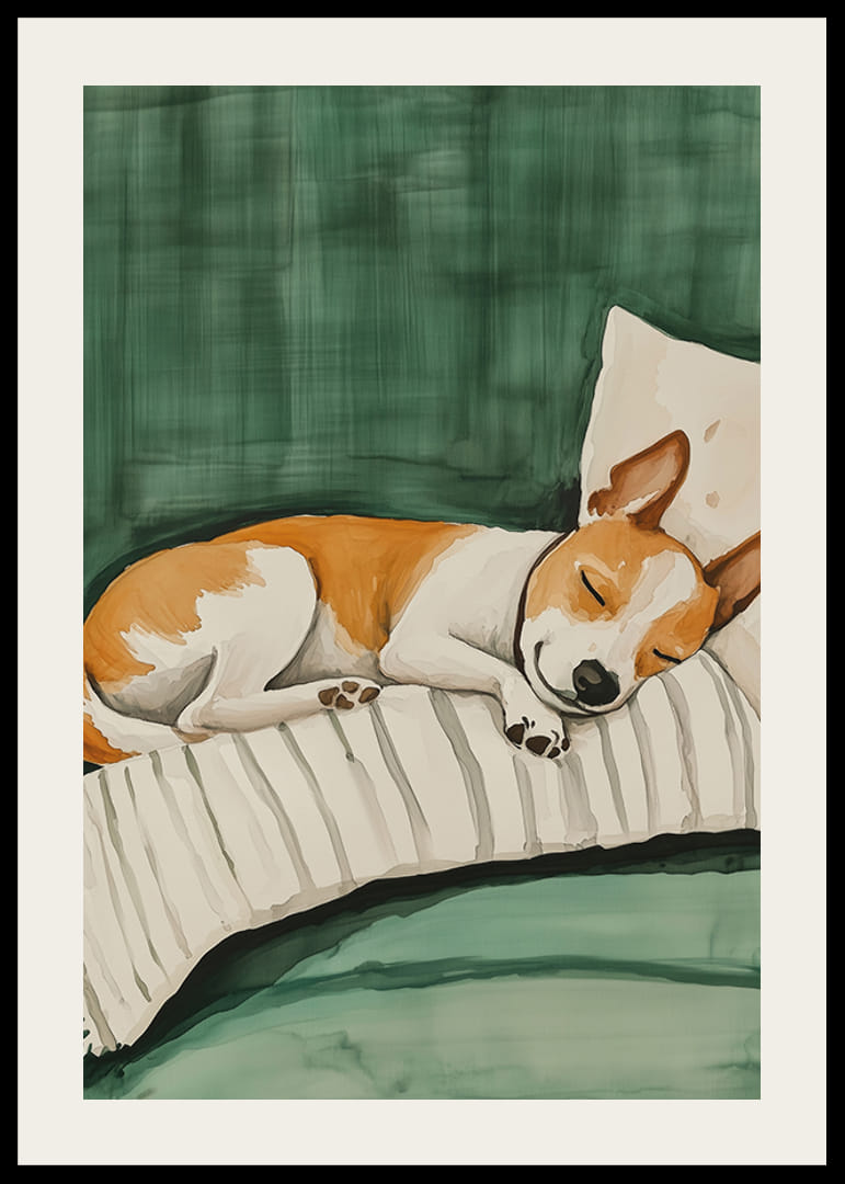 Un afiș cu un câine adormit pe o pernă în dungi-12