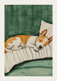 Un afiș cu un câine adormit pe o pernă în dungi-3