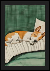 Un afiș cu un câine adormit pe o pernă în dungi-4