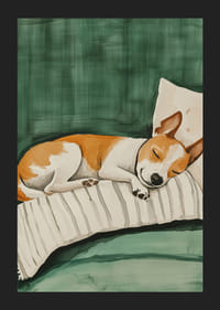 Un afiș cu un câine adormit pe o pernă în dungi-5