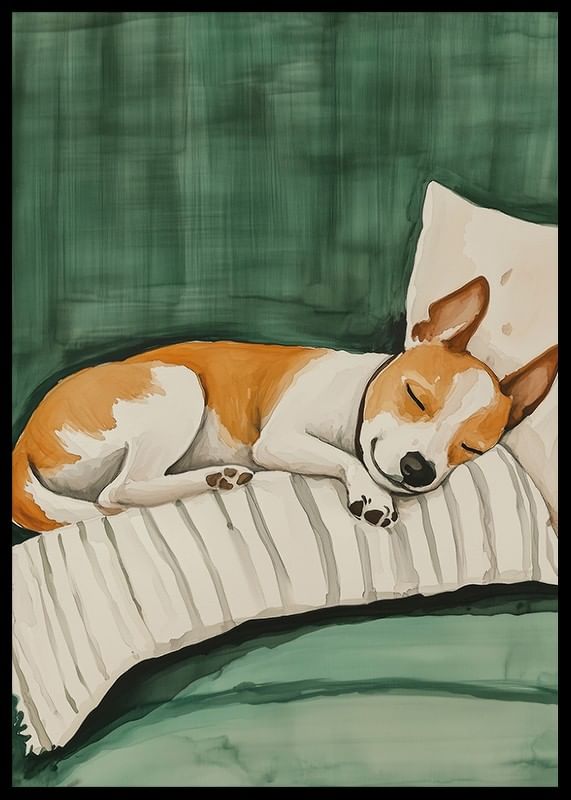 A poster of a sleeping dog on a striped pillow-12
