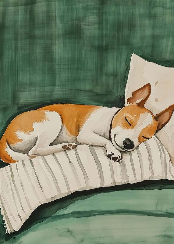 A poster of a sleeping dog on a striped pillow-12
