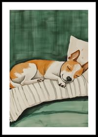 A poster of a sleeping dog on a striped pillow-0