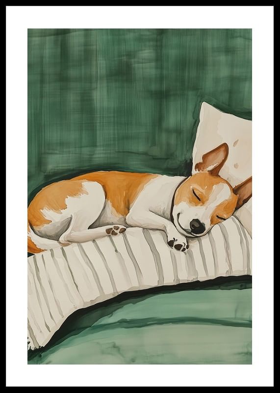 A poster of a sleeping dog on a striped pillow-12