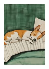 A poster of a sleeping dog on a striped pillow-1