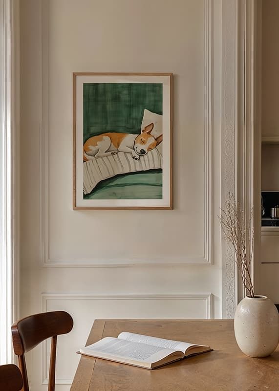 A poster of a sleeping dog on a striped pillow-12