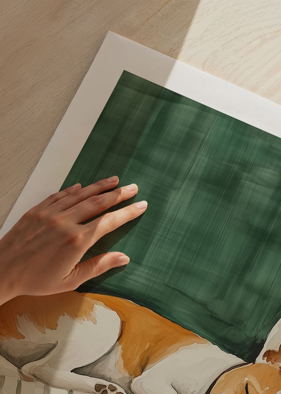 A poster of a sleeping dog on a striped pillow-12