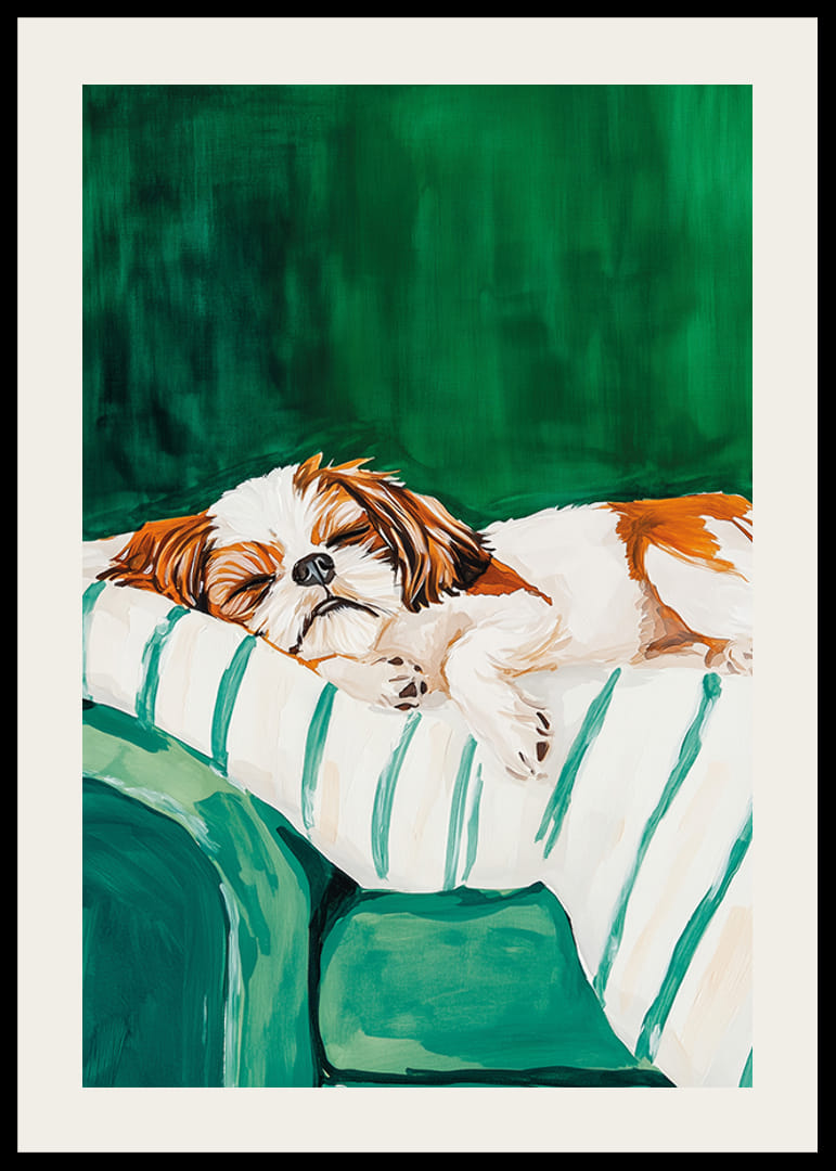 A poster of a sleeping dog that spreads peace and coziness-12