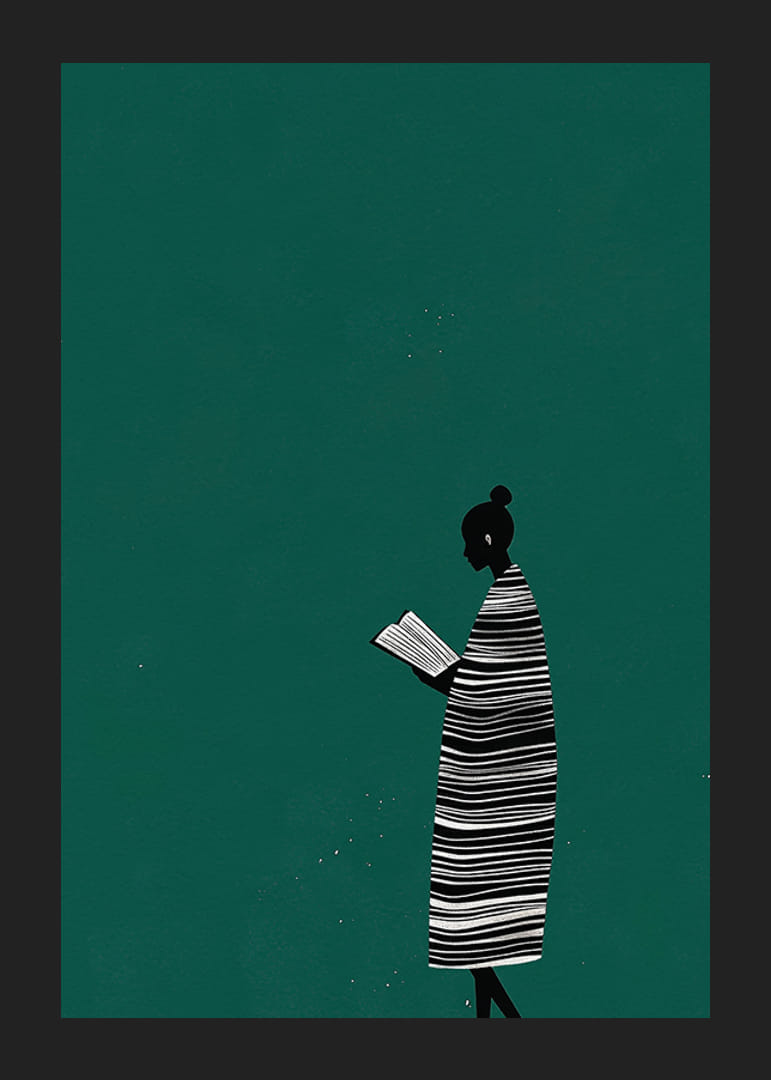 Ein Poster einer lesenden Figur, das eine ruhige und moderne Atmosphäre in Ihrem Zuhause schafft-12