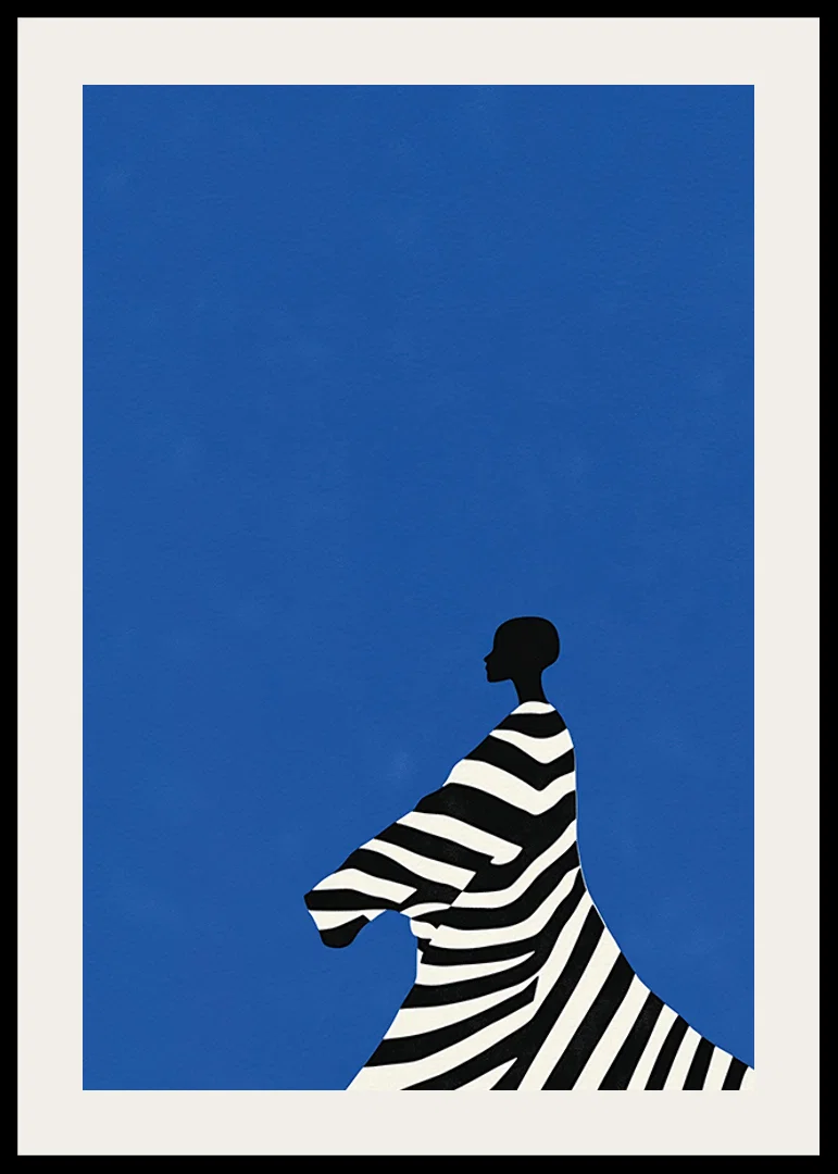 A poster of a stylized figure in black and white stripes against a bright blue background-12