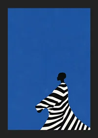 A poster of a stylized figure in black and white stripes against a bright blue background-5
