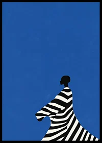 A poster of a stylized figure in black and white stripes against a bright blue background-6