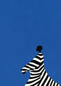 A poster of a stylized figure in black and white stripes against a bright blue background-7