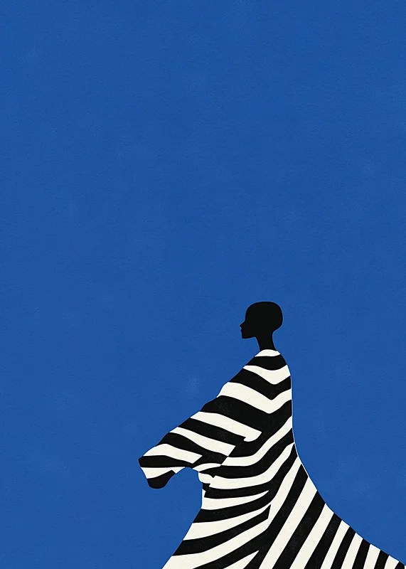 A poster of a stylized figure in black and white stripes against a bright blue background-12