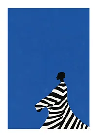 A poster of a stylized figure in black and white stripes against a bright blue background-1