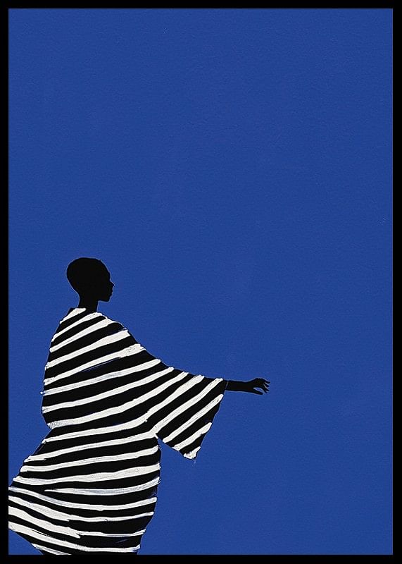 An elegant poster of a stylized figure in black and white stripes-12