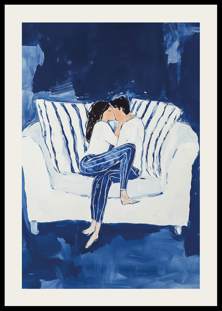 A poster capturing an intimate moment of a couple in a warm embrace on the couch-12