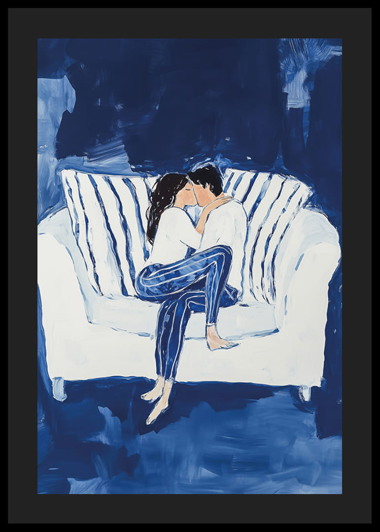 A poster capturing an intimate moment of a couple in a warm embrace on the couch-12