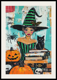 A poster depicting a charming witch surrounded by pumpkins and a black cat-2