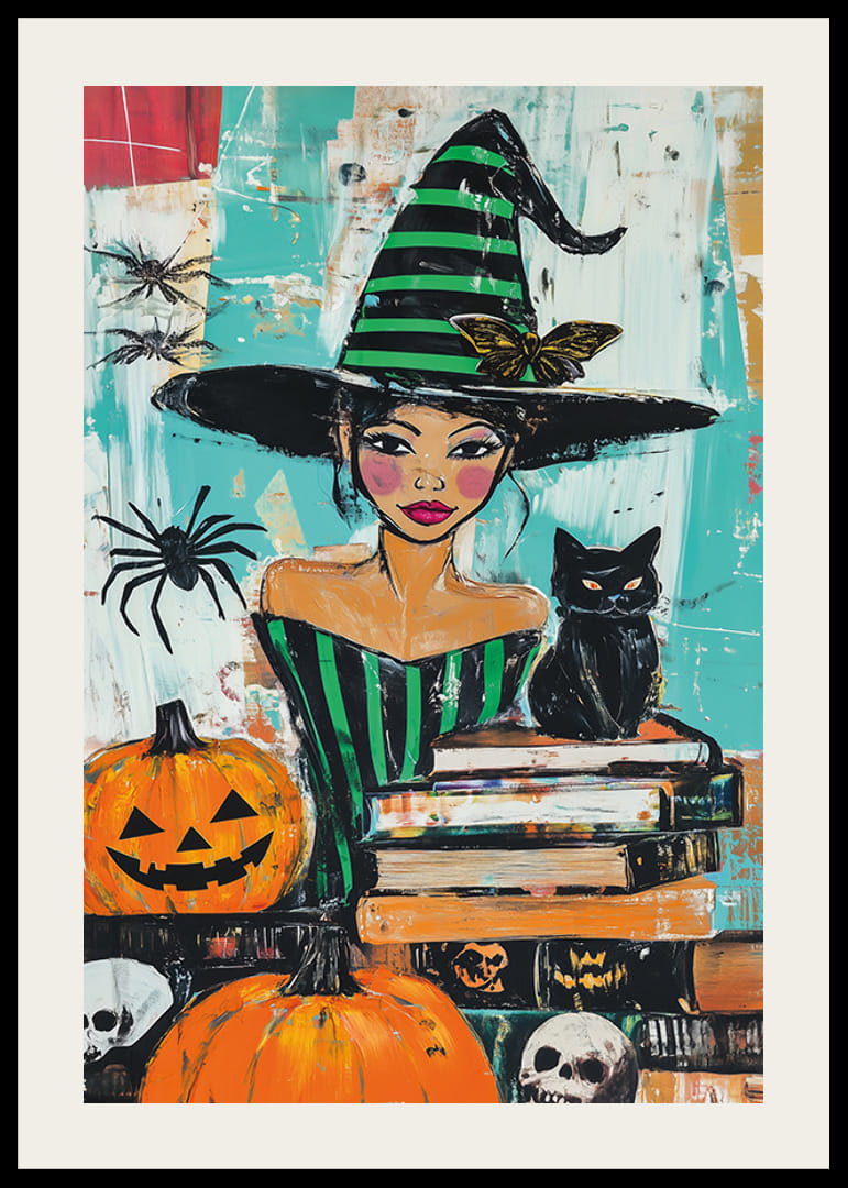 A poster depicting a charming witch surrounded by pumpkins and a black cat-12