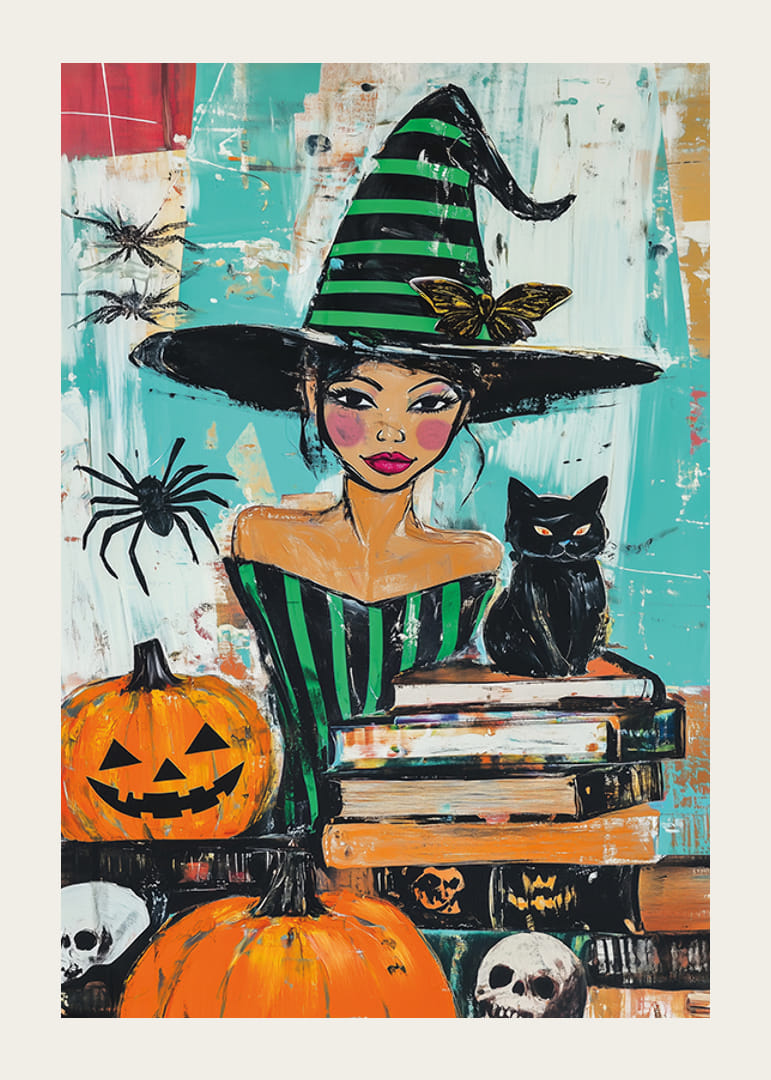 A poster depicting a charming witch surrounded by pumpkins and a black cat-12
