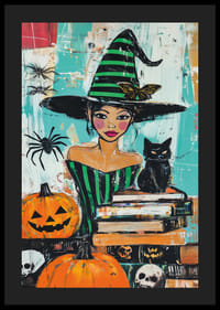A poster depicting a charming witch surrounded by pumpkins and a black cat-4