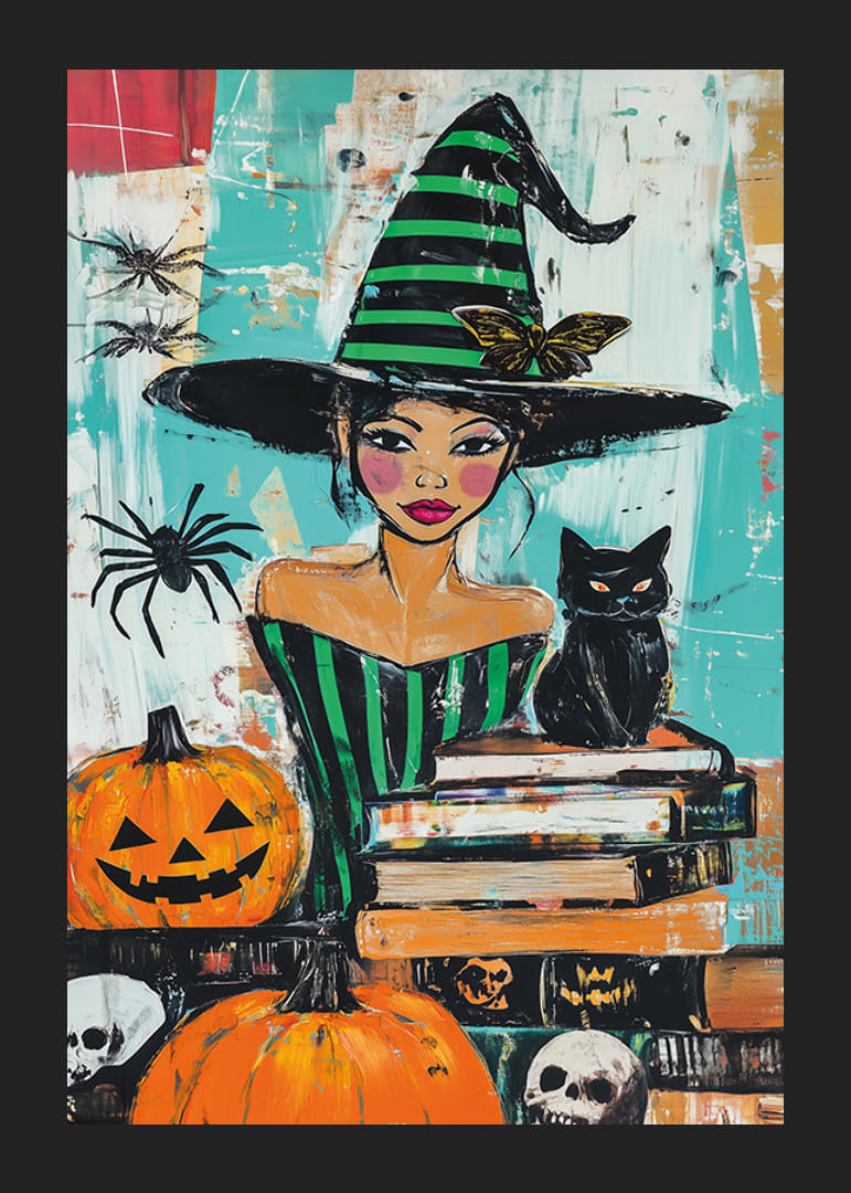 A poster depicting a charming witch surrounded by pumpkins and a black cat-12