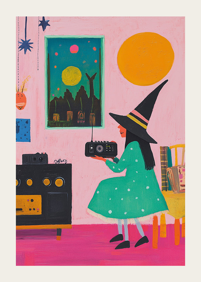 A poster depicting a young witch listening to the radio in a retro-inspired room-12