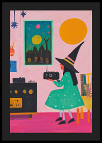A poster depicting a young witch listening to the radio in a retro-inspired room-4