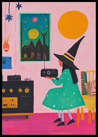 A poster depicting a young witch listening to the radio in a retro-inspired room-6