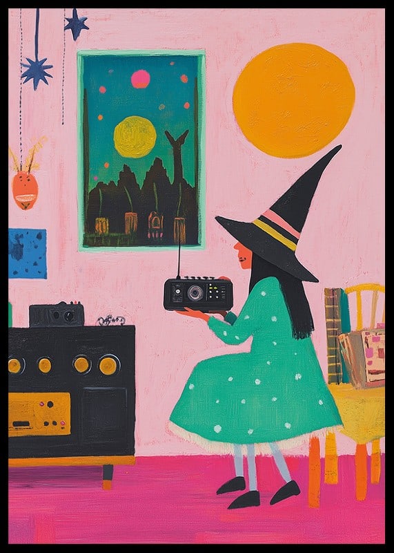 A poster depicting a young witch listening to the radio in a retro-inspired room-12