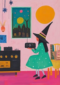 A poster depicting a young witch listening to the radio in a retro-inspired room-7