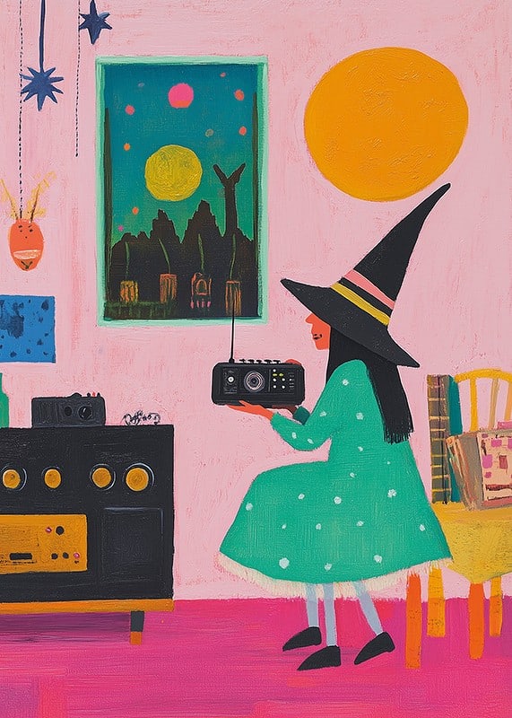 A poster depicting a young witch listening to the radio in a retro-inspired room-12