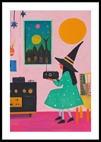 A poster depicting a young witch listening to the radio in a retro-inspired room-0