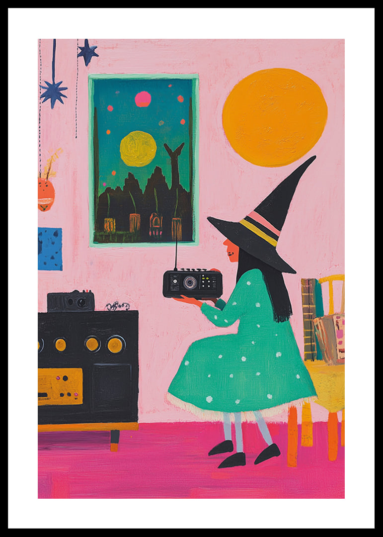 A poster depicting a young witch listening to the radio in a retro-inspired room-12