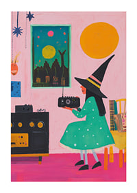 A poster depicting a young witch listening to the radio in a retro-inspired room-1