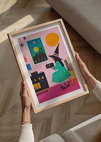 Un poster care înfățișează o tânără vrăjitoare care ascultă radioul într-o cameră de inspirație retro-4