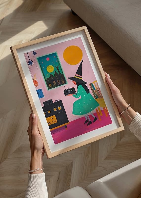 Un poster care înfățișează o tânără vrăjitoare care ascultă radioul într-o cameră de inspirație retro-12