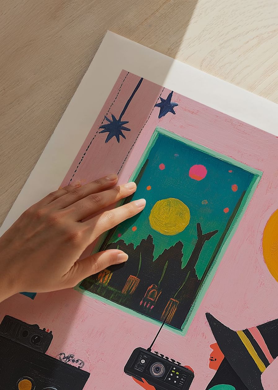Un poster care înfățișează o tânără vrăjitoare care ascultă radioul într-o cameră de inspirație retro-12