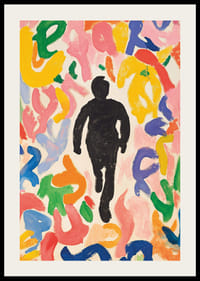 Plagát zobrazujúci siluetu pohybujúcu sa po mori žiarivých, abstraktných tvarov-2