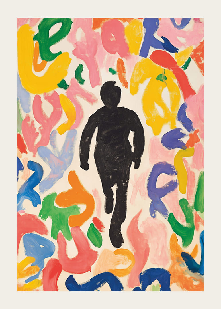 Plagát zobrazujúci siluetu pohybujúcu sa po mori žiarivých, abstraktných tvarov-12