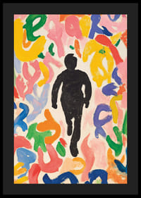 Plagát zobrazujúci siluetu pohybujúcu sa po mori žiarivých, abstraktných tvarov-4