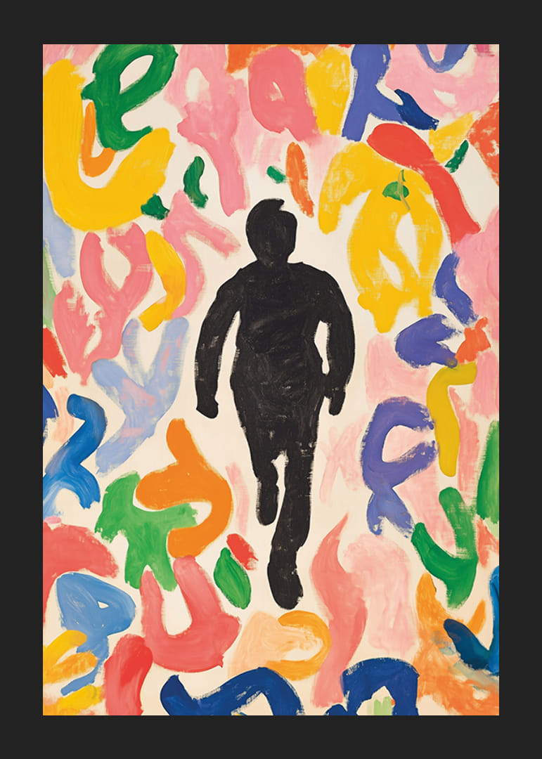 Plagát zobrazujúci siluetu pohybujúcu sa po mori žiarivých, abstraktných tvarov-12