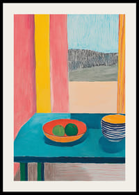 Plagát zobrazujúci zátišie s ovocím a pohárom na tyrkysovom stole pri okne-2