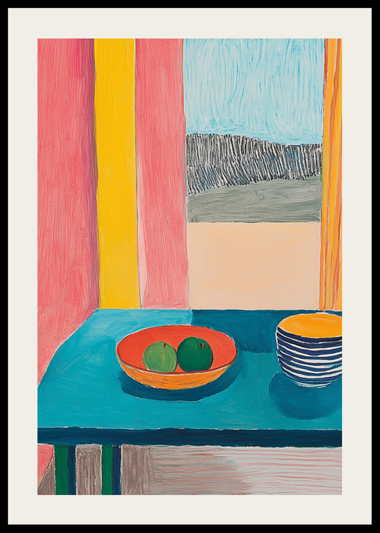 Plagát zobrazujúci zátišie s ovocím a pohárom na tyrkysovom stole pri okne-12