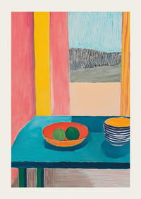 Plagát zobrazujúci zátišie s ovocím a pohárom na tyrkysovom stole pri okne-3