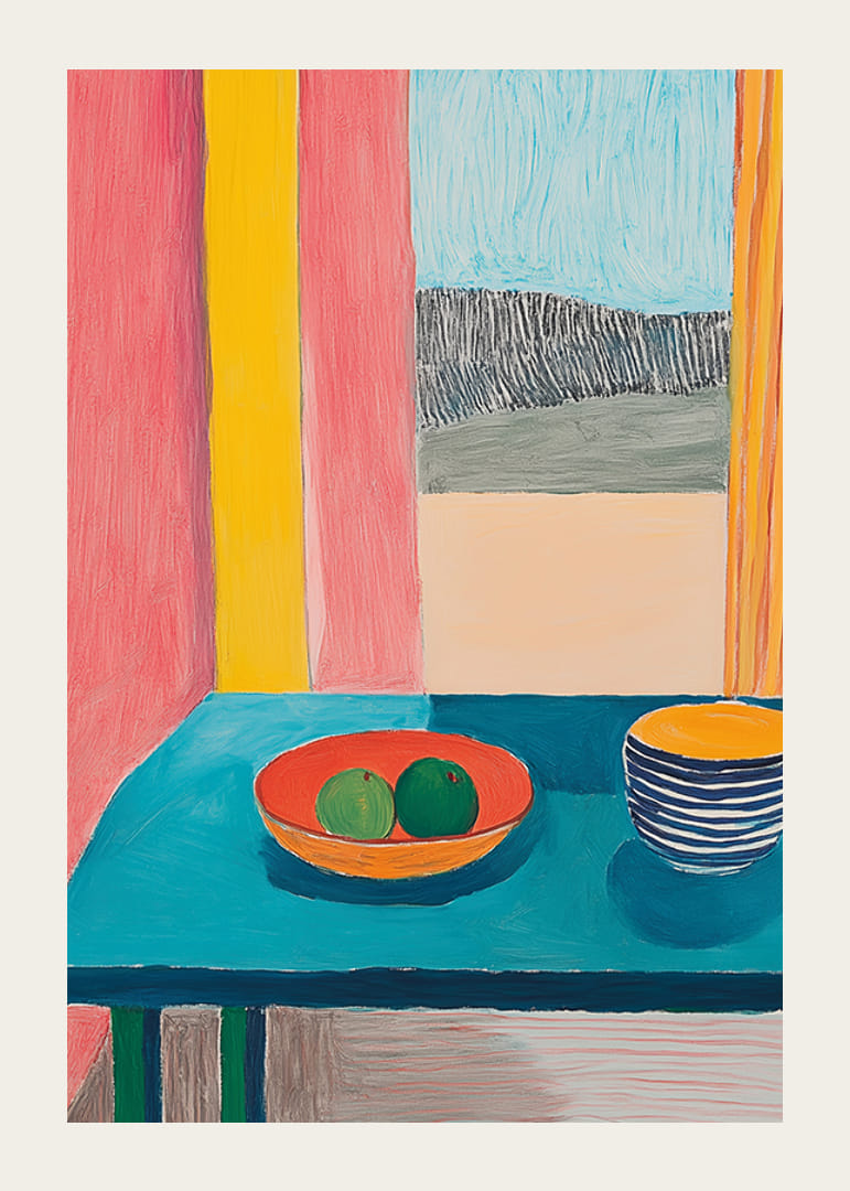 Plagát zobrazujúci zátišie s ovocím a pohárom na tyrkysovom stole pri okne-12